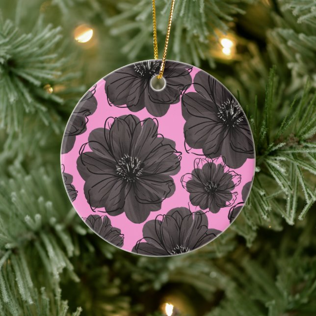 Dark Grey Flowers  Ceramic Ornament (Tree)