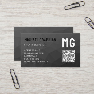 Dark Grey geometric mesh pattern QR code Monogram Business Card