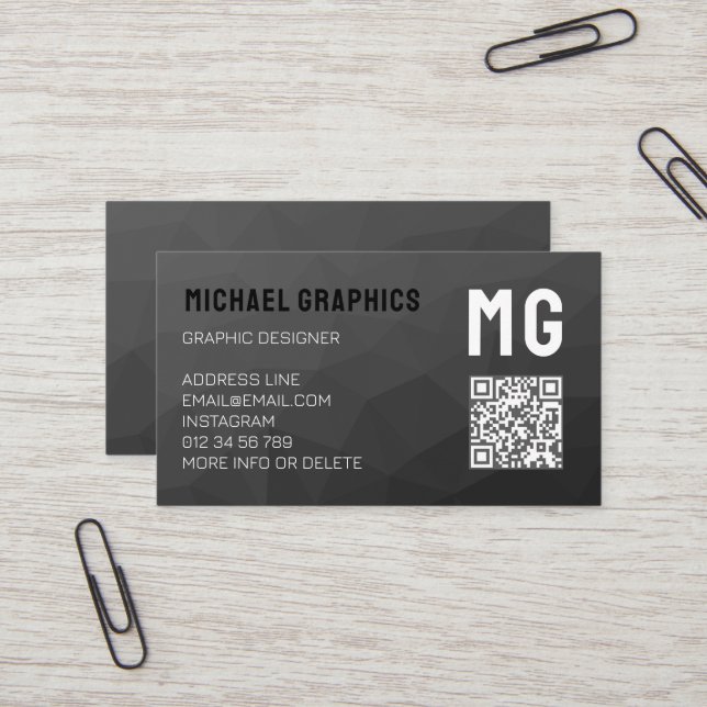 Dark Grey geometric mesh pattern QR code Monogram Business Card (Front/Back In Situ)