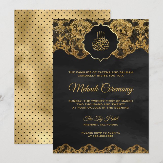 Dark Grey Gold Foil Lace Islamic Mehndi Invitation (Front/Back)