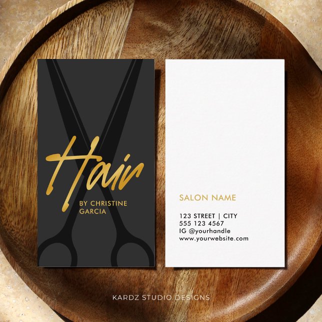 Dark Grey Gold Hair Stylist Salon Business Card (This hair stylist card is shown in 3.5 x 2 inches. The golden color is a Faux Gold effect.)