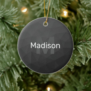 Dark grey gradient geometric mesh Monogram Ceramic Ornament