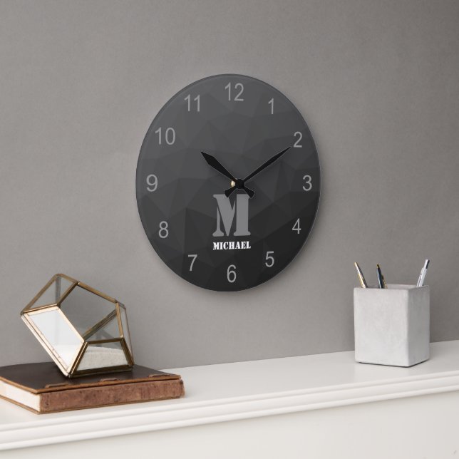 Dark Grey Gradient Geometric Mesh Pattern Monogram Large Clock (Office)