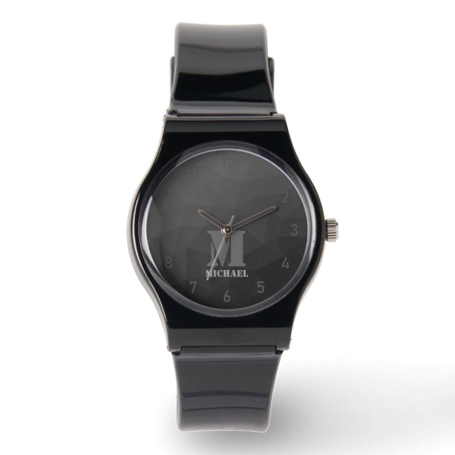 Dark Grey Gradient Geometric Mesh Pattern Monogram Watch (Front)