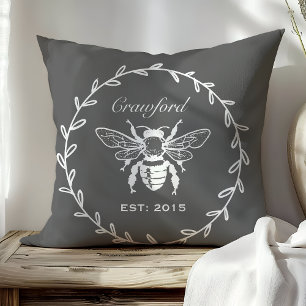 Dark Grey Honey Bee Laurel Honeycomb Monogram Cushion