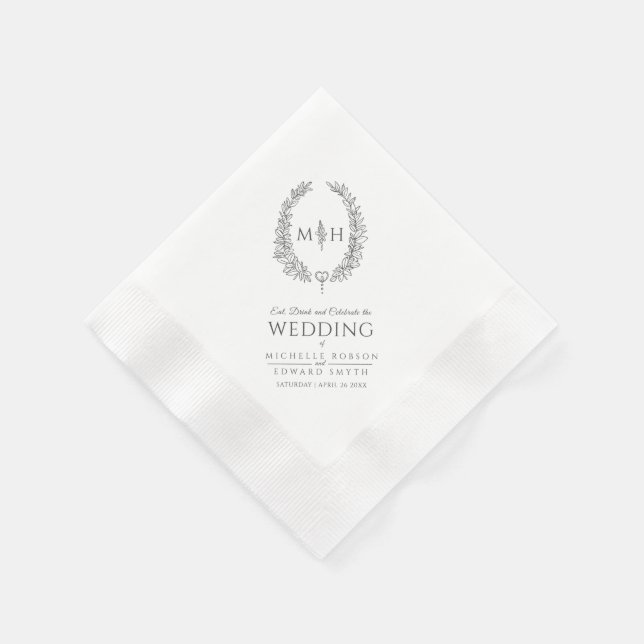 Dark grey leaf oval wreath monogram art wedding napkin (Corner)