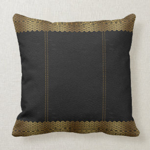Dark Grey Leather & Gold Geometric Border Cushion