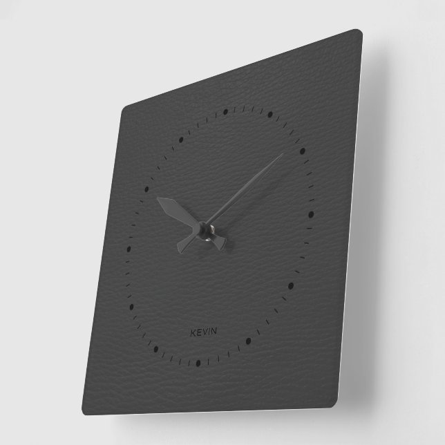 Dark Grey Leather Look Customised Square Wall Clock (Angle)