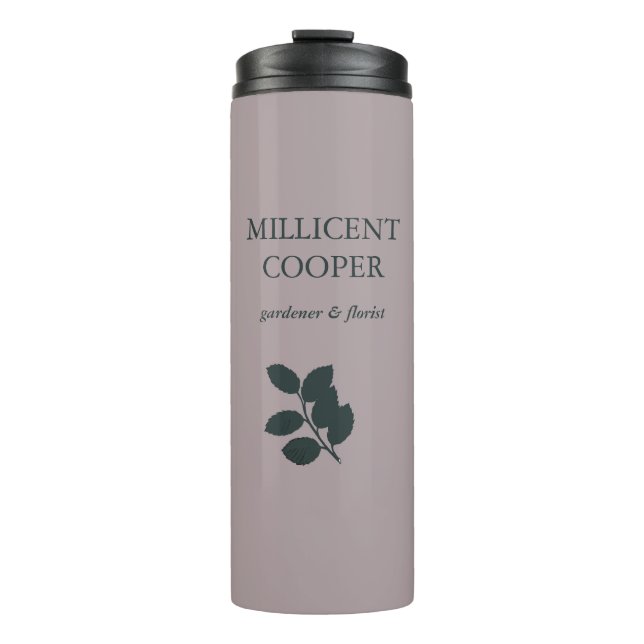 Dark grey leaves silhouette purple thermal tumbler (Front)