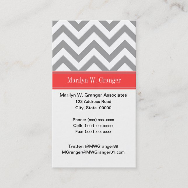 Dark Grey Lg Chevron Coral Red Name Monogram Business Card (Front)