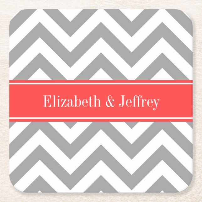 Dark Grey Lg Chevron Coral Red Name Monogram Square Paper Coaster (Front)