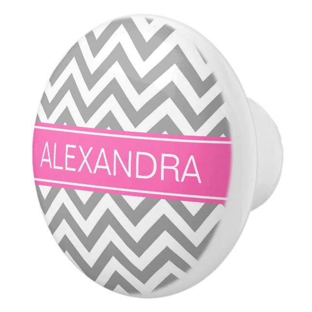 Dark Grey Lg Chevron Hot Pink #2 Name Monogram Ceramic Knob (Right)