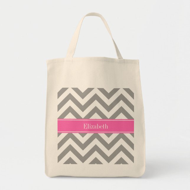 Dark Grey Lg Chevron Hot Pink #2 Name Monogram Tote Bag (Front)