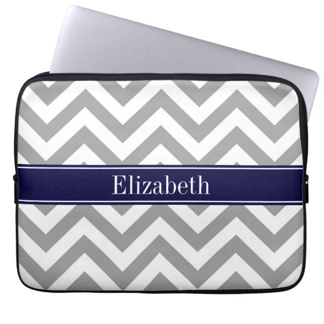 Dark Grey Lg Chevron Navy Blue Name Monogram Laptop Sleeve (Front)