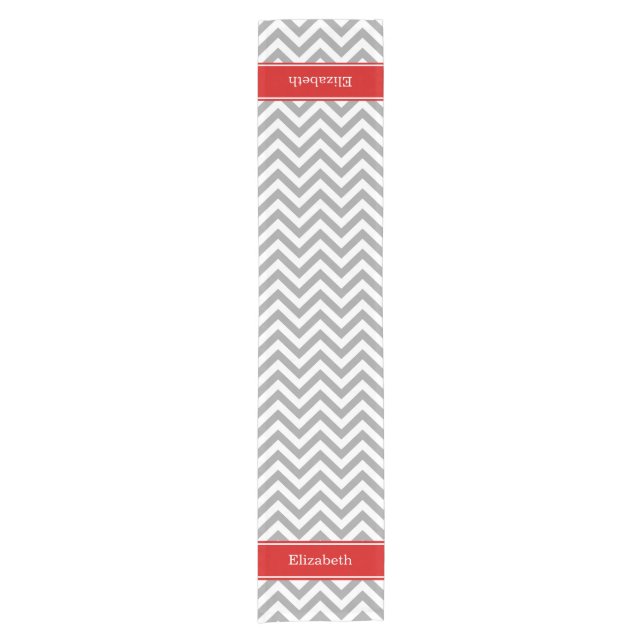 Dark Grey Lg Chevron Red Name Monogram Short Table Runner (Front)