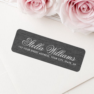 Dark grey linen romantic script return address label