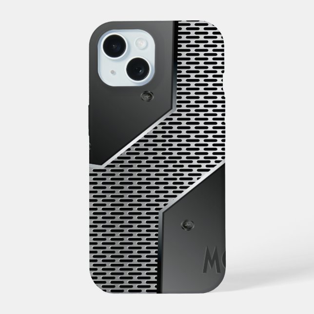 Dark Grey Metallic Look Geometric Pattern. iPhone 15 Case (Back)