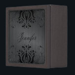 Dark Grey Metallic Texture & Black Vintage Lace Keepsake Box<br><div class="desc">Dark grey tones textured metallic look simple and elegant pattern with black vintage ornate and elegant floral lace and swirls. Custom and optional monogram</div>
