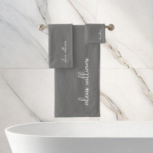 Dark Grey Minimalist Script Signature Monogram Bath Towel Set