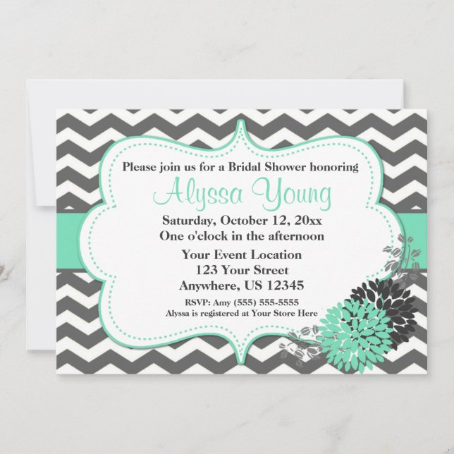 Dark Grey Mint Chevron Invitation (Front)