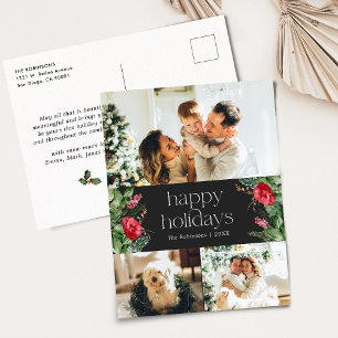 Dark Grey Modern Botanical 3 Photo Holiday Postcard