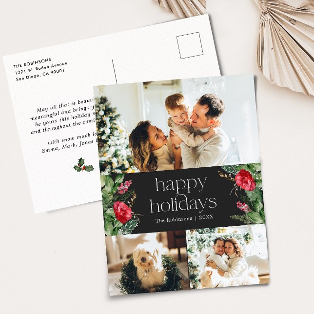 Dark Grey Modern Botanical 3 Photo Holiday Postcard (Creator Uploaded)