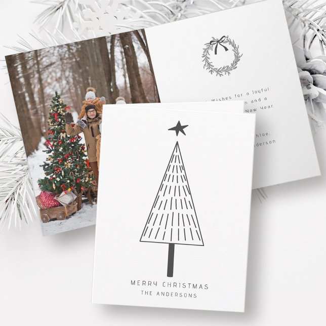 Dark Grey Modern Christmas Pine Tree Photo  Holiday Card (Front & Inside)