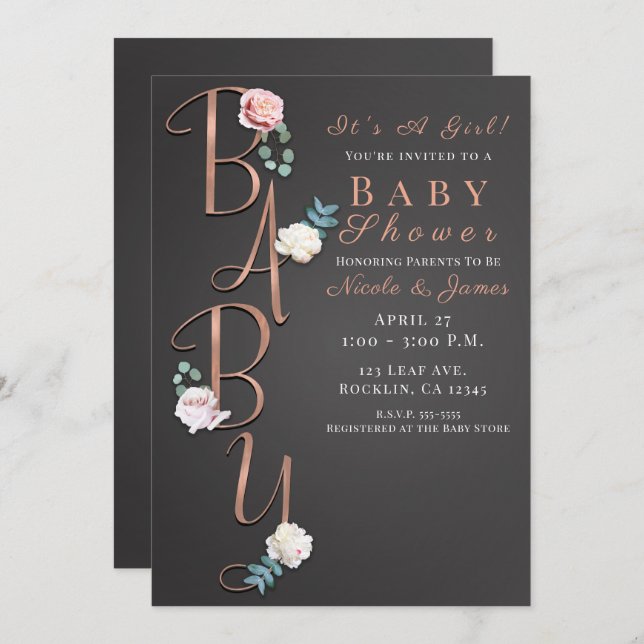 Dark Grey Modern Floral Baby Shower Typography Invitation (Front/Back)