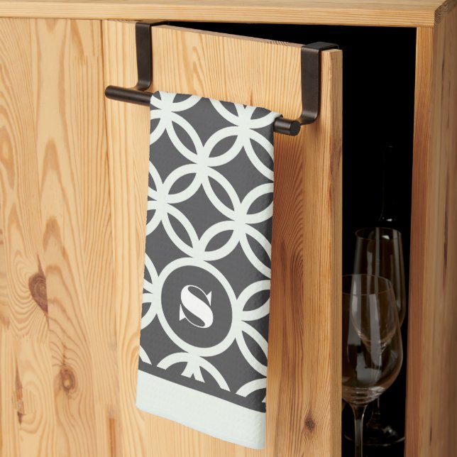 Dark Grey Modern Geometric Pattern Monogram  Tea Towel (Thirds Fold)