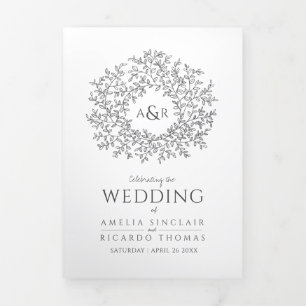 Dark grey monogram art story dedication wedding Tri-Fold programme