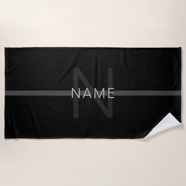 Dark Grey Monogram, Name & Geometric Stripe Beach Towel (Front)