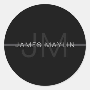 Dark Grey Monogram, Name & Geometric Stripe Classic Round Sticker