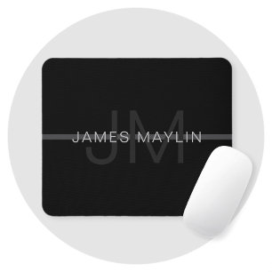 Dark Grey Monogram, Name & Geometric Stripe Mouse Pad