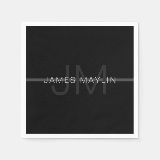 Dark Grey Monogram, Name & Geometric Stripe Napkin (Front)