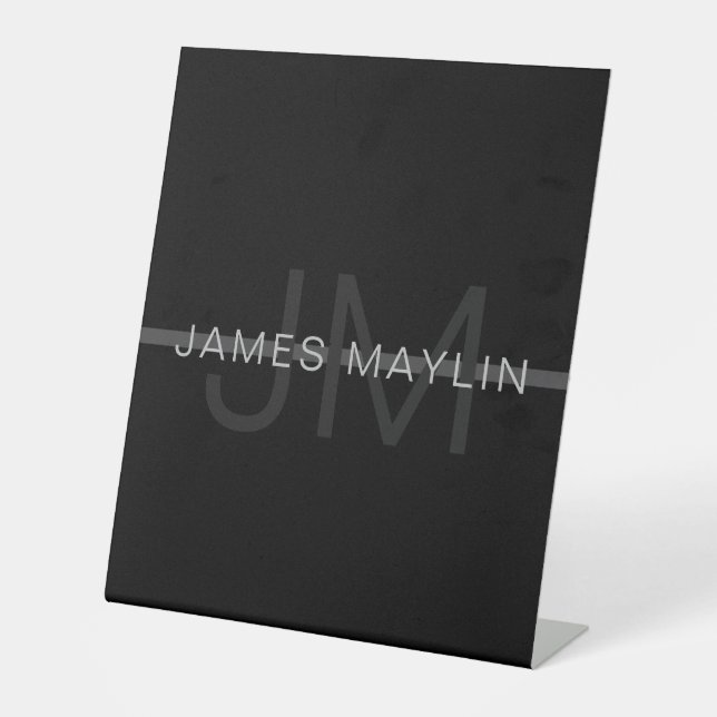 Dark Grey Monogram, Name & Geometric Stripe Pedestal Sign (Front)