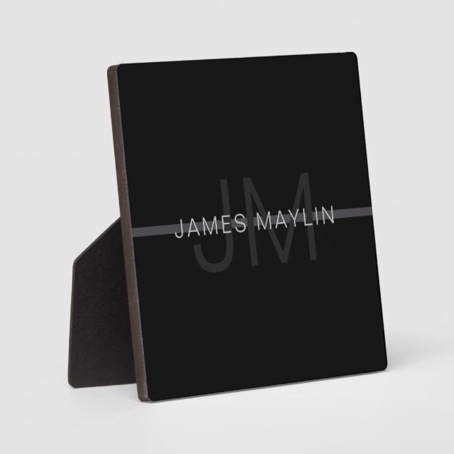 Dark Grey Monogram, Name & Geometric Stripe Plaque (Front)