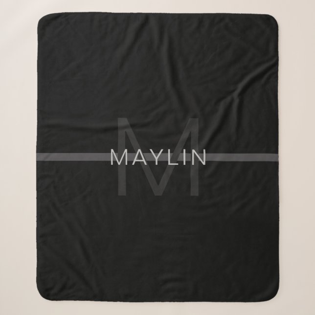 Dark Grey Monogram, Name & Geometric Stripe Sherpa Blanket (Front)