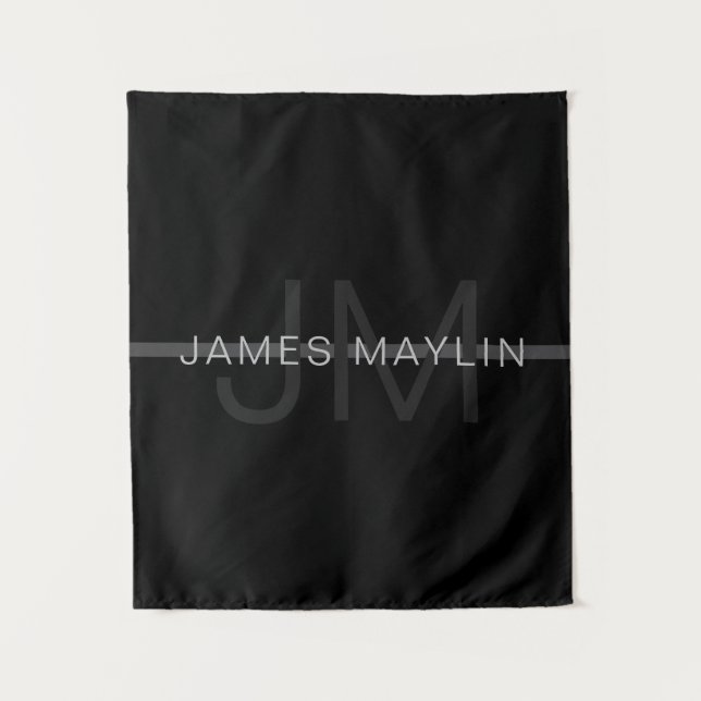 Dark Grey Monogram, Name & Geometric Stripe Tapestry (Front)
