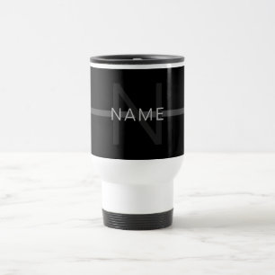 Dark Grey Monogram, Name & Geometric Stripe Travel Mug