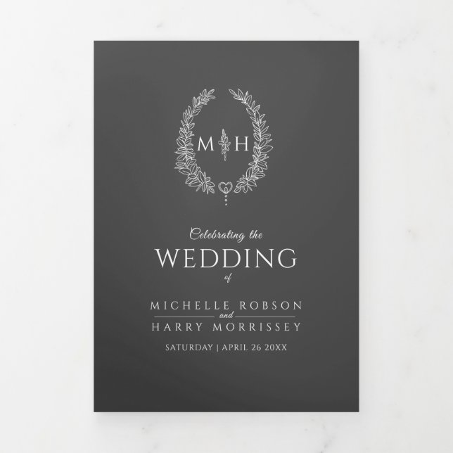 Dark grey monogram wreath story dedication wedding Tri-Fold programme (Cover)