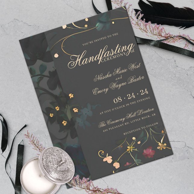 Dark Grey Moody Boho Abstract Floral Handfasting Invitation (Creator Uploaded)