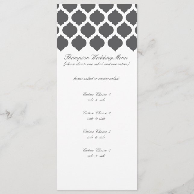 Dark Grey Moroccan Pattern Wedding Menus (Front)