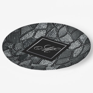 Dark Grey Mosaic Glass Monogrammed Paper Plate