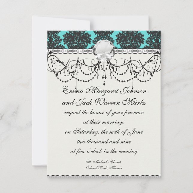 dark grey on aqua blue flourish damask pattern invitation (Front)