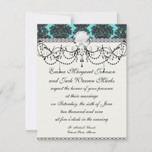 dark grey on aqua blue flourish damask pattern invitation