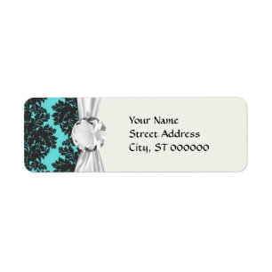 dark grey on aqua blue flourish damask pattern return address label