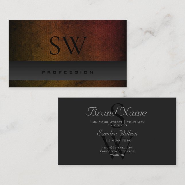 Dark Grey Orange Gradient Pattern with Monogram Business Card (Front/Back)
