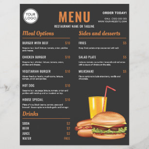 Dark Grey Orange Hamburger Hotdog Food Menu Prices