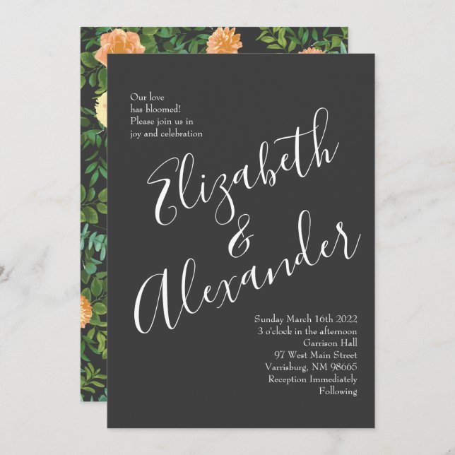 Dark Grey Peach Wedding Modern Floral Invitation (Front/Back)