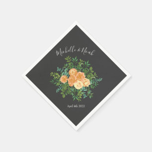 Dark Grey Peach Wedding Modern Floral Napkin